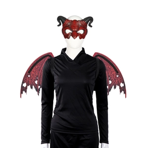 Front view of adult dragon mask and wings set in vibrant red for Halloween party