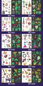 Luminous Day of the Dead temporary tattoos showing colorful skull designs and glowing effect