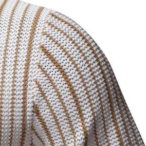Men's summer knit polo shirt with brown and white stripe pattern in close-up view