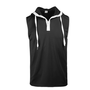 Detail of men's hooded tank top featuring breathable mesh fabric and contrast drawstrings
