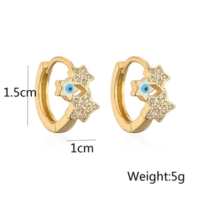 Detail view of gold-plated evil eye star hoop earrings with dimensions 1.5cm by 1cm