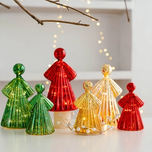 Christmas Angel Figurine Mercury Glass LED Glowing Light Nordic Desktop Decorative Ornament For Holiday Home Party