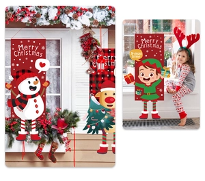 Outdoor and indoor scene display of festive Christmas banners with cartoon snowmen and elves