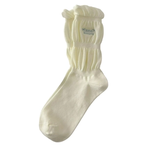 Milk white cotton crew socks with ruffled edges, blue Bonjour embroidery and bows