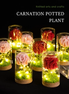 Detail of handmade knitted carnation potted plant with warm LED lights in glass dome
