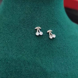 Elegant cherry-shaped silver stud earrings with sparkling crystal rhinestones for women