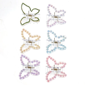 Set of 6 colorful butterfly hair claws with rhinestones in green, white, gold, blue, pink
