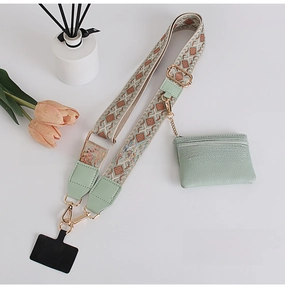 Water wave green wide shoulder strap with matching mint leather pouch and gold hardware