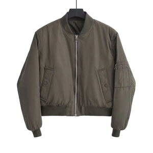 Classic army green bomber jacket with ribbed trim and sleeve pocket on white background