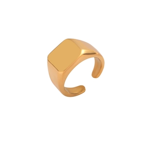Polished gold square signet ring with adjustable open band on a white background