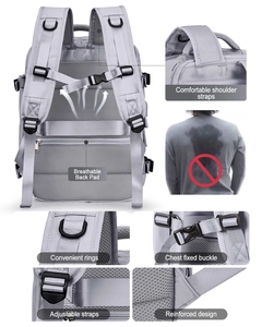 Detalle del panel trasero transpirable y correas de una mochila de viaje color gris.