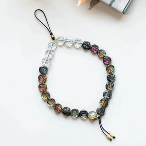 Handmade 10mm glass rose bead lanyard featuring iridescent crystal flower beads and tassels