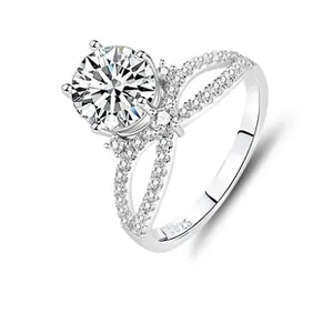 Detailed macro view of S925 sterling silver crown ring with infinity band and moissanite