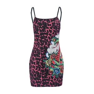 Dettaglio mini abito leopardato rosa con stampa floreale di serpente e rosa laterale