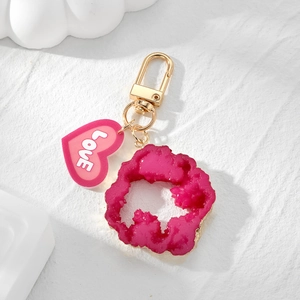 Irregular rose red resin crystal and pink heart LOVE pendant keychain with gold hardware