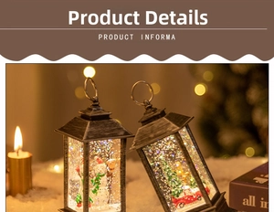 Macro detail of Christmas lanterns with snowman and vintage red truck holiday scene