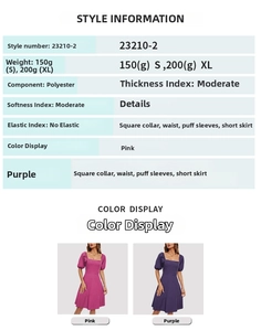 Detail chart of square neck puff sleeve mini dress showing polyester fabric and design features
