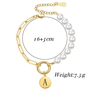 Detail of 18KGP gold chain and pearl bracelet showing letter A pendant and size 16+5cm