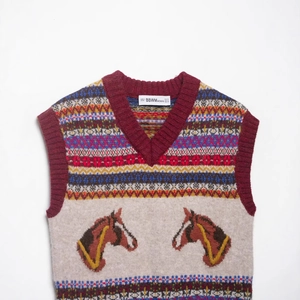 Vintage Fair Isle knitted V-neck vest with brown horse jacquard patterns and red trim
