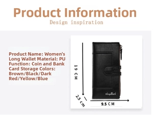 Detail view of women's long PU leather wallet with zipper closure and multiple card slots