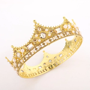 Vintage Baroque gold queen crown with pearls and crystals for bride wedding hair accessory