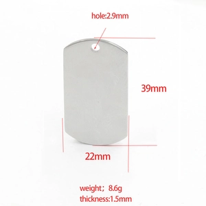 Polished stainless steel dog tag pendant with 39x22mm dimensions and 2.9mm hole detail