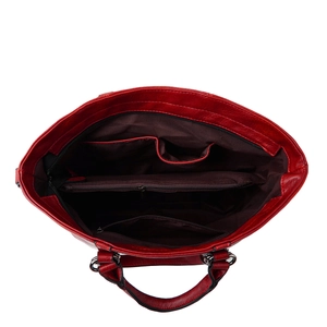 Red fashion tote bag showing large capacity internal compartments and zipper pocket