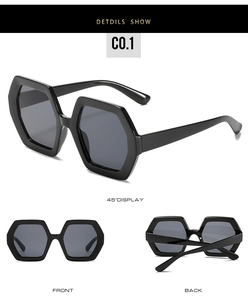 Detailed views of black hexagonal sunglasses showing front, back, and 45-degree angles