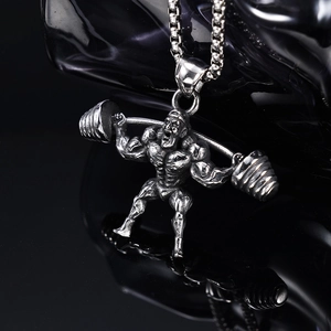 Strong bodybuilder barbell squat pendant necklace in vintage silver stainless steel