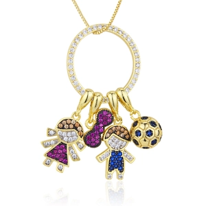 Gold-plated family necklace featuring boy, girl, bow, and soccer ball zircon charms