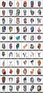 Catalog view of 66 waterproof tattoo stickers featuring diverse animal and floral designs