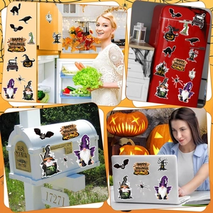 Halloween gnome magnets displayed on a fridge, mailbox, and laptop for festive decor