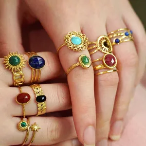Bohemian gold stainless steel open ring set with colorful natural stone insets