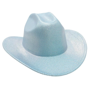 Detail of light blue glitter cowboy hat with metallic texture and curved brim