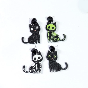 Halloween Black Cat Skeleton Drop Earrings Acrylic Spooky Animal Bone Gothic Jewelry With Silver Earring Post