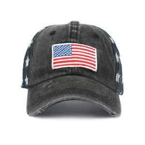 Distressed black ponytail baseball cap with American flag embroidery and star mesh back