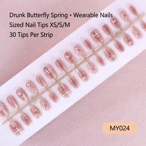 Detailed set of 30 pieces gradient pink purple press-on nails with butterfly patterns