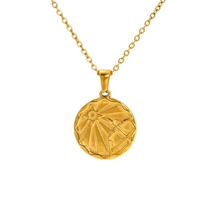 18k gold plated stainless steel necklace with round zodiac pendant featuring sun and arrow