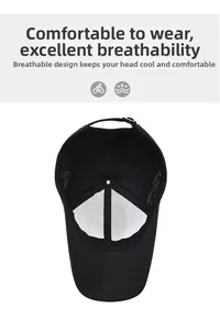 Detail view of breathable mesh side panels and adjustable back strap on black sports cap