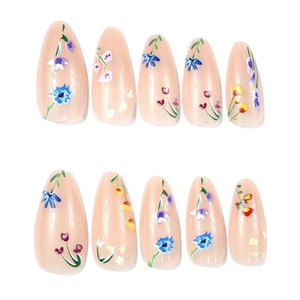 Almond press-on nails with minimalist hand-painted colorful flowers on nude base