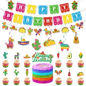 Mexican Fiesta Happy Birthday party set with banner, swirls and colorful cake toppers