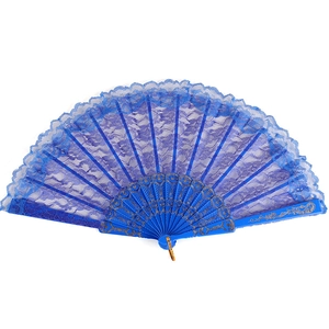 Elegant blue lace folding fan with gold decorative plastic ribs for Lolita fashion