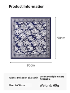 Detail view of 90x90cm vintage paisley print square scarf in navy blue faux silk satin