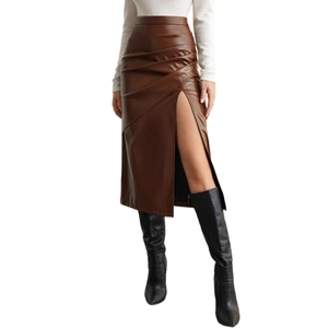 High waist brown faux leather skirt with side slit and pleated detail for women