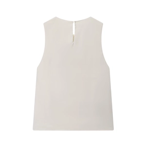 Back view of a sleeveless satin blouse in beige with keyhole button closure on the neck
