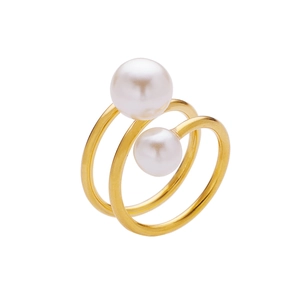 Bague spirale dorée élégante avec perles blanches et accents de zircon pour femmes