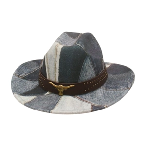 Detail view of retro denim cowboy hat with leather band and gold bull head ornament
