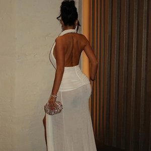 Elegant white backless halter maxi dress with ruched details and side slit for women
