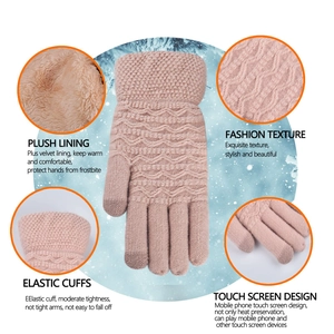 Pink winter knit gloves with plush lining, wave texture and touch screen fingertips