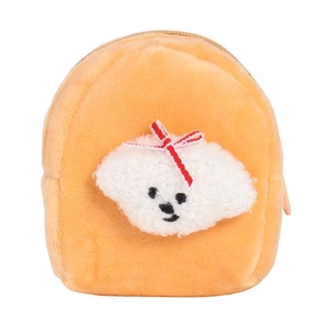 Cute orange plush puppy coin purse with white cartoon face and red bow keychain